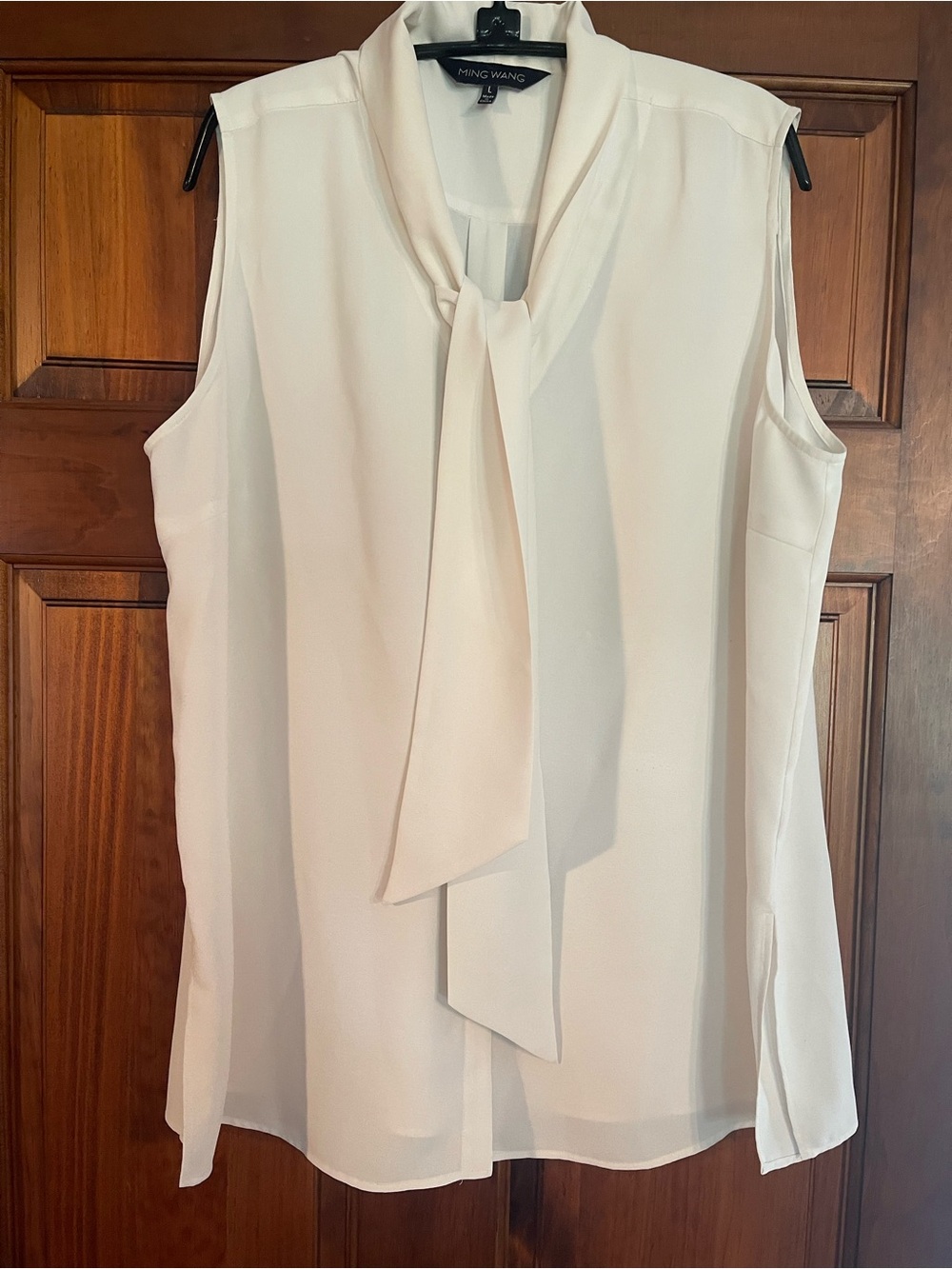 Ming Wang Cream Sleeveless Tie-Neck Blouse